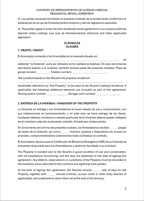 Bilingual Rental Agreement Template (Spain) (EN/ES)